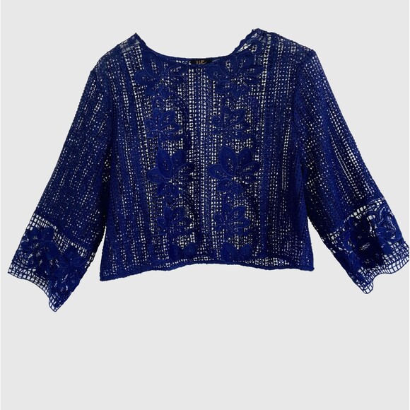ILE NEW YORK  Dark Blue Lace Embroidered Knit Cardigan Shrug Bolero Over Top - Picture 1 of 4